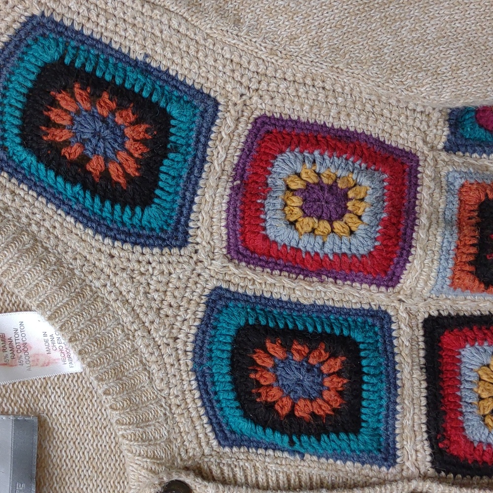 Alfred Dunner Vintage Crochet Granny Square Beige Ramie Cotton Knit Cardigan PXL - Picture 9 of 16